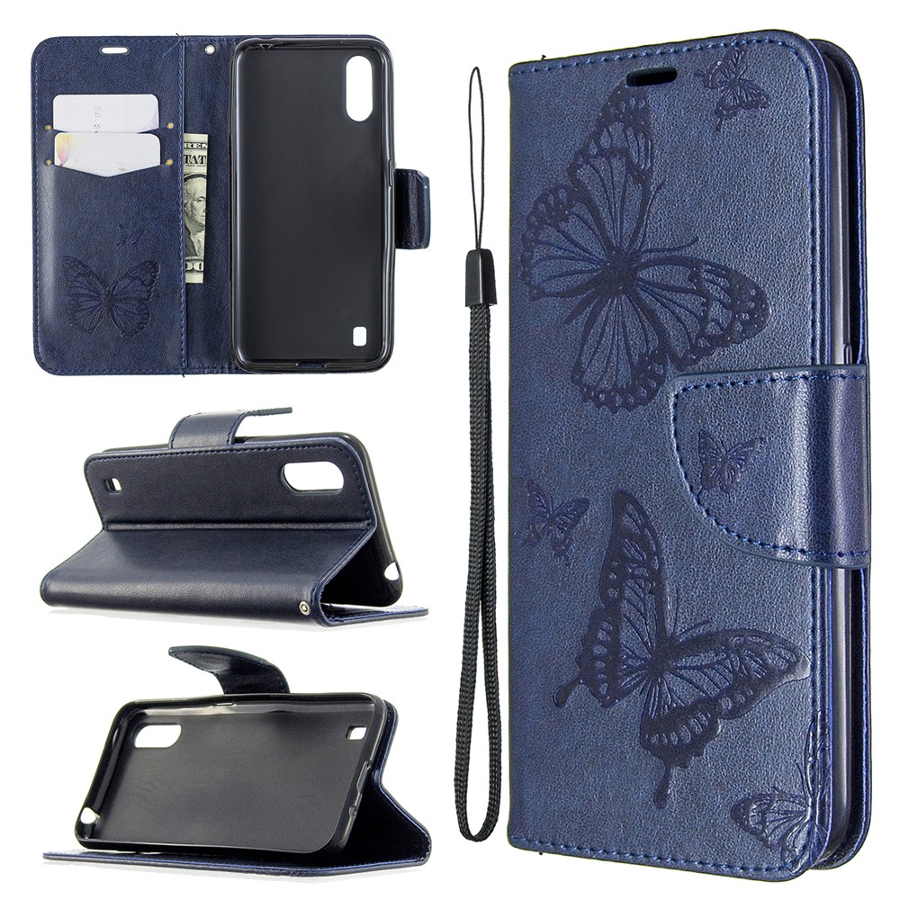Imprint Butterfly Wallet Flip Leather Protection Shell for Samsung Galaxy A01 - Dark Blue-1