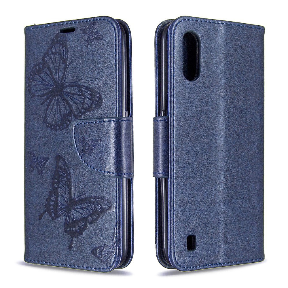Imprint Butterfly Wallet Flip Leather Protection Shell for Samsung Galaxy A01 - Dark Blue-4