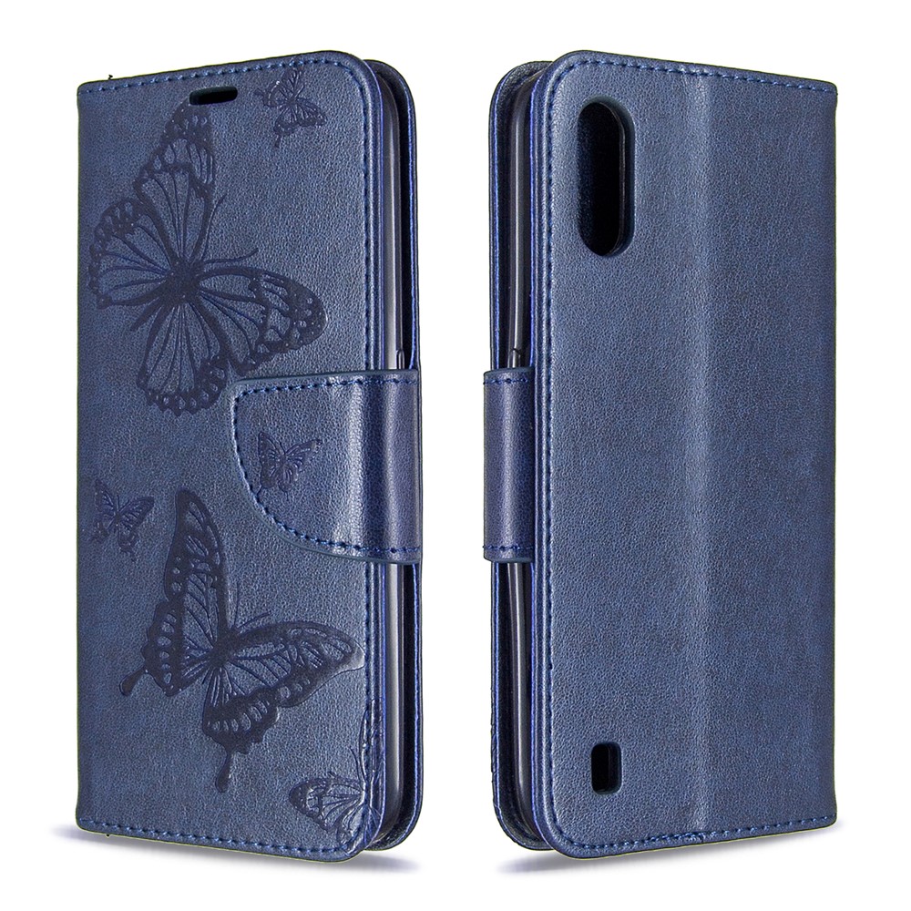 Pie De Imprenta Mariposa Billetera Flip Cuero Protección Shell Para Samsung Galaxy A01 - Azul Oscuro-4