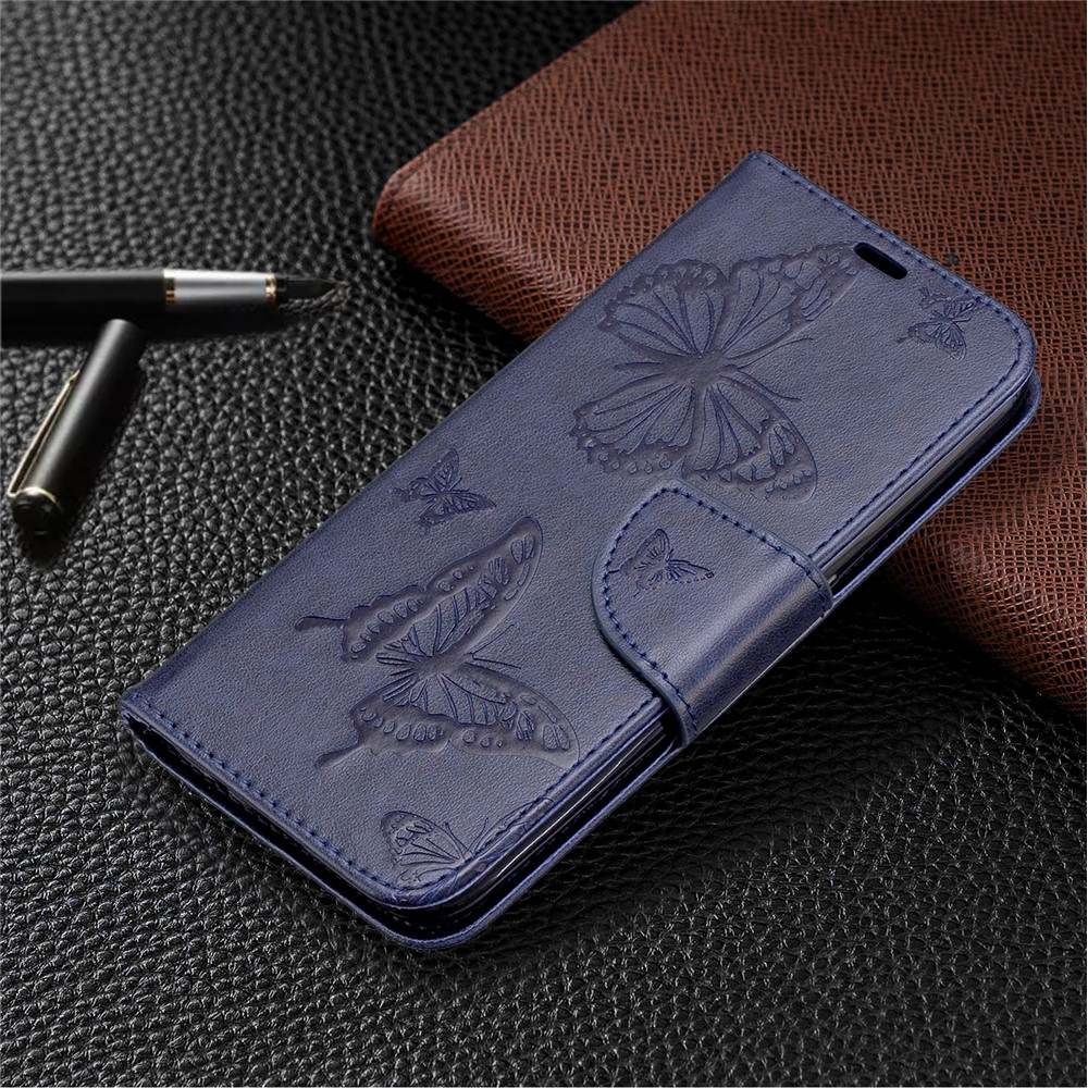 Imprint Butterfly Wallet Flip Leather Protection Shell for Samsung Galaxy A01 - Dark Blue-7