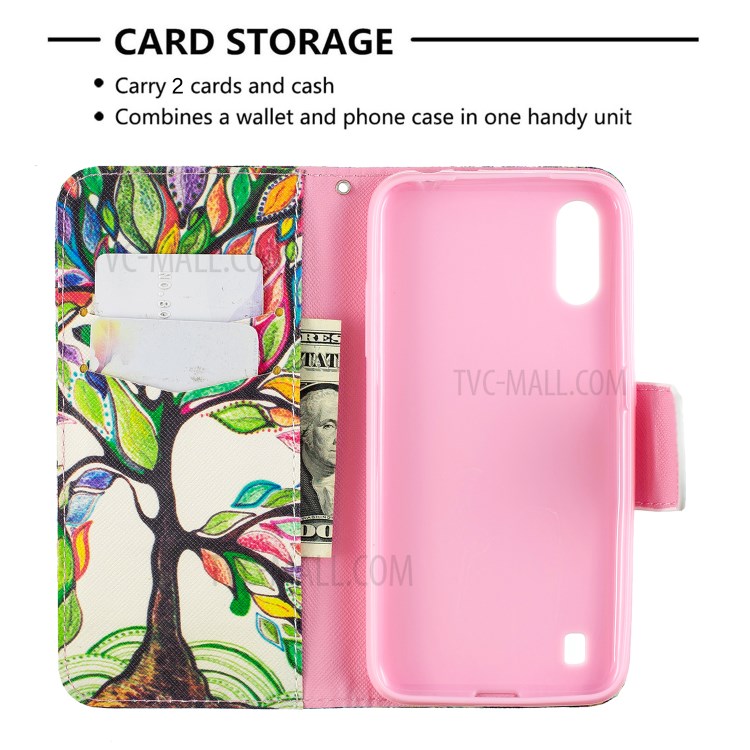 Pattern Printing Leather Wallet Case for Samsung Galaxy A01 - Colorized Tree-6