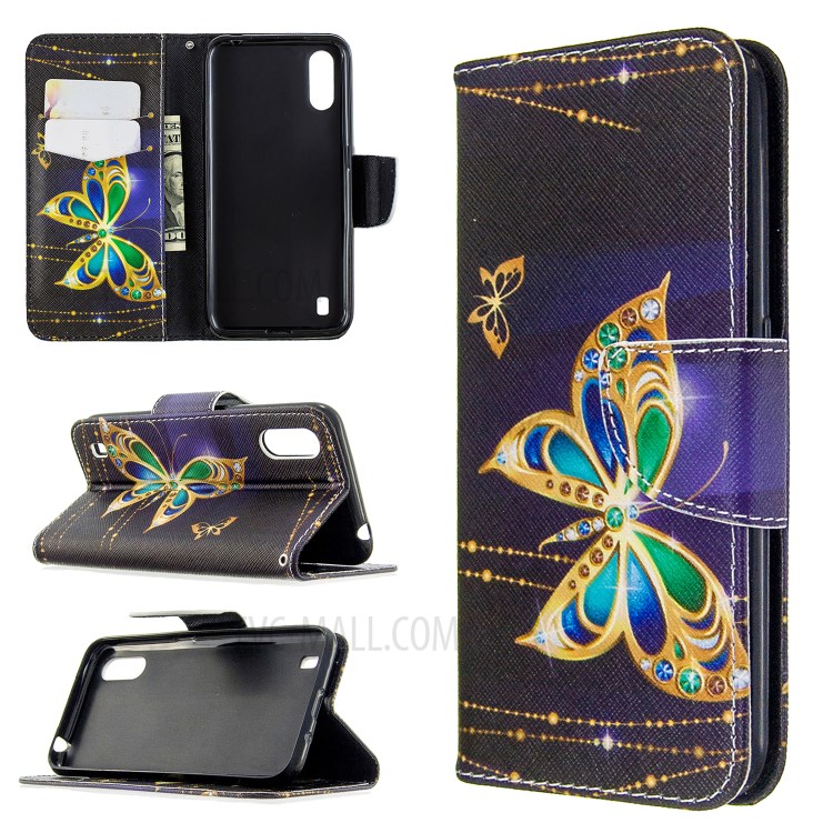 Printing Surface Wallet Stand Flip Leather Phone Covering for Samsung Galaxy A01 - Gold Butterfly-1