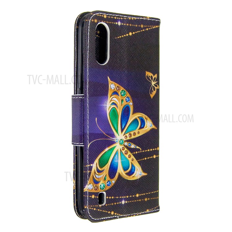 Printing Surface Wallet Stand Flip Leather Phone Covering for Samsung Galaxy A01 - Gold Butterfly-3