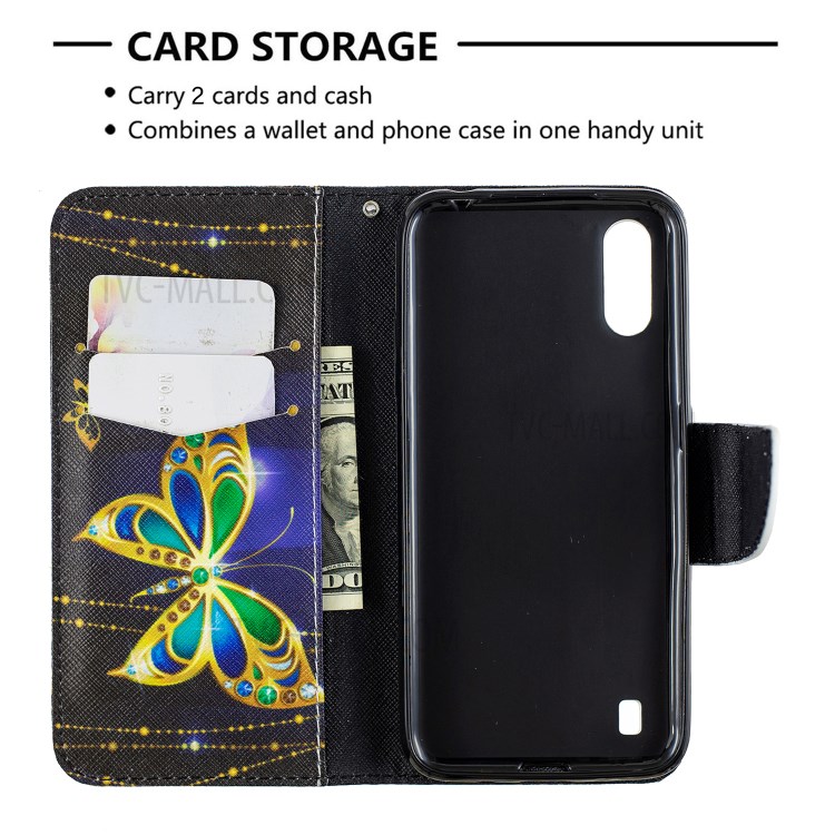 Printing Surface Wallet Stand Flip Leather Phone Covering for Samsung Galaxy A01 - Gold Butterfly-6