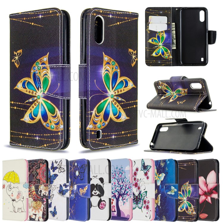 Printing Surface Wallet Stand Flip Leather Phone Covering for Samsung Galaxy A01 - Gold Butterfly-9