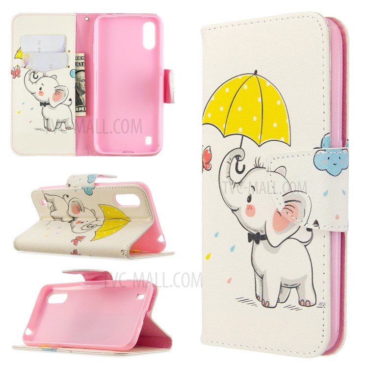 Imprimir Carteira Superfície Suporte Do Telefone De Couro Da Aleta Cobrindo Para Samsung Galaxy A01 - Elefante Segurando Um Guarda-chuva-1