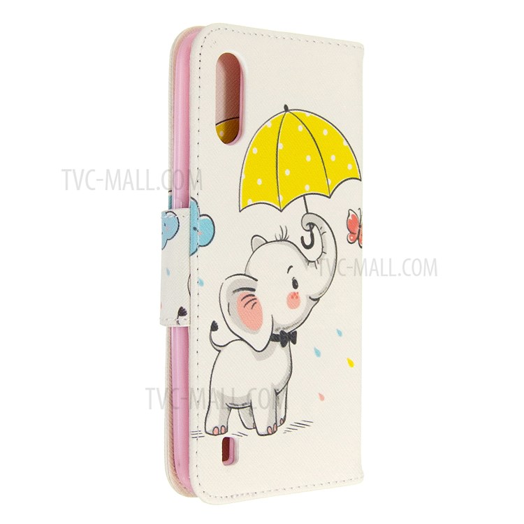 Imprimir Carteira Superfície Suporte Do Telefone De Couro Da Aleta Cobrindo Para Samsung Galaxy A01 - Elefante Segurando Um Guarda-chuva-3