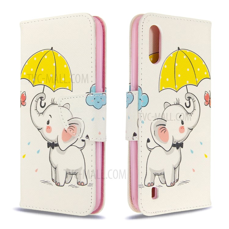 Imprimir Carteira Superfície Suporte Do Telefone De Couro Da Aleta Cobrindo Para Samsung Galaxy A01 - Elefante Segurando Um Guarda-chuva-4
