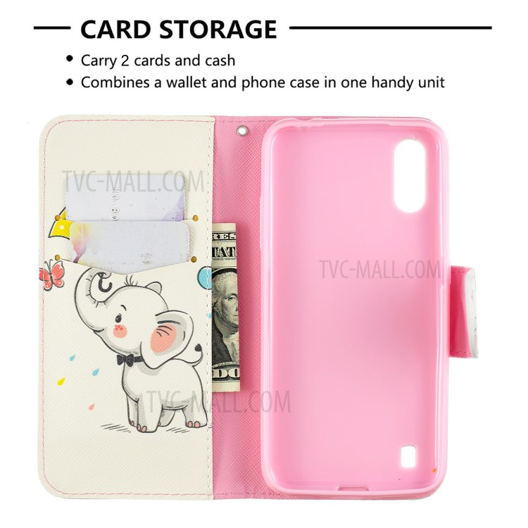 Imprimir Carteira Superfície Suporte Do Telefone De Couro Da Aleta Cobrindo Para Samsung Galaxy A01 - Elefante Segurando Um Guarda-chuva-6