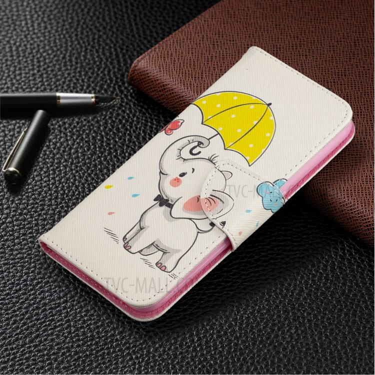 Imprimir Carteira Superfície Suporte Do Telefone De Couro Da Aleta Cobrindo Para Samsung Galaxy A01 - Elefante Segurando Um Guarda-chuva-7