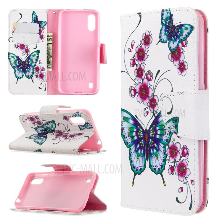 Impresión De La Cartera Superficie Del Soporte Del Teléfono Del Cuero Del Tirón Cubre Para Samsung Galaxy A01 - Mariposa Y Flores-1
