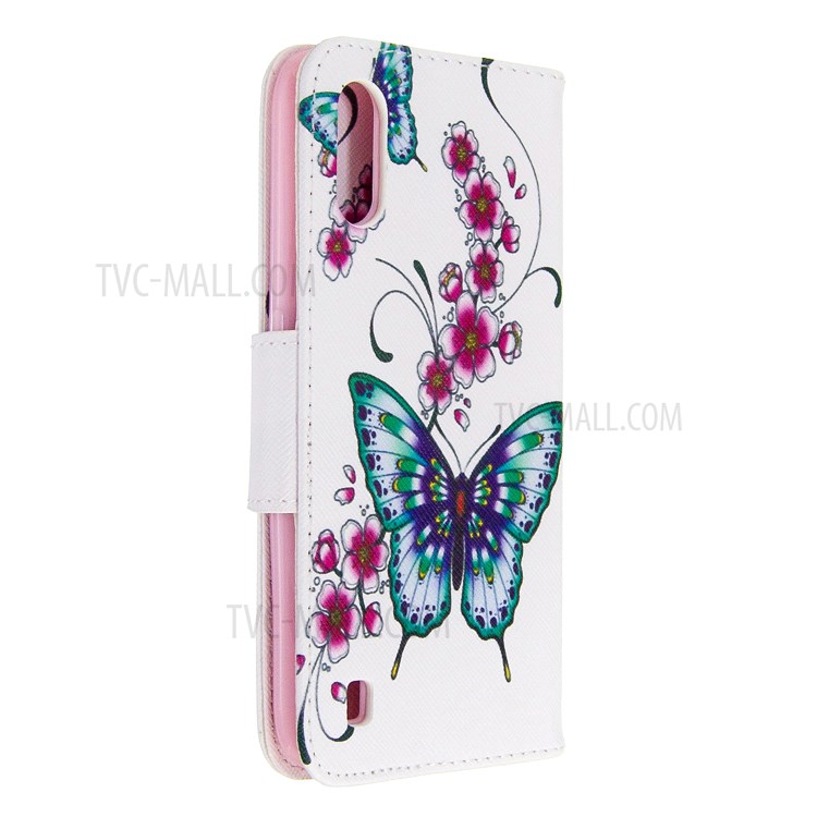 Impresión De La Cartera Superficie Del Soporte Del Teléfono Del Cuero Del Tirón Cubre Para Samsung Galaxy A01 - Mariposa Y Flores-3