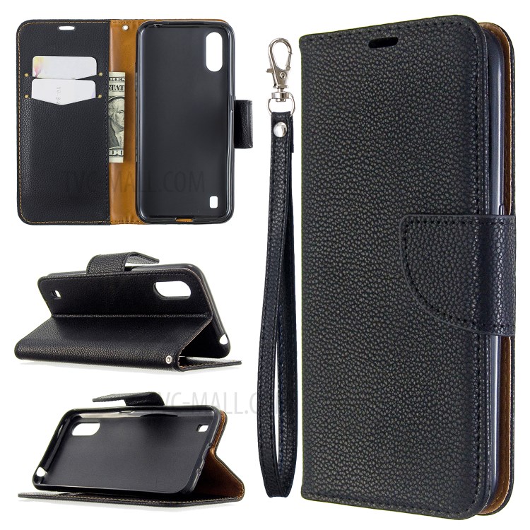 Litchi Skin Wallet Leather Stand Case for Samsung Galaxy A01 - Black-1