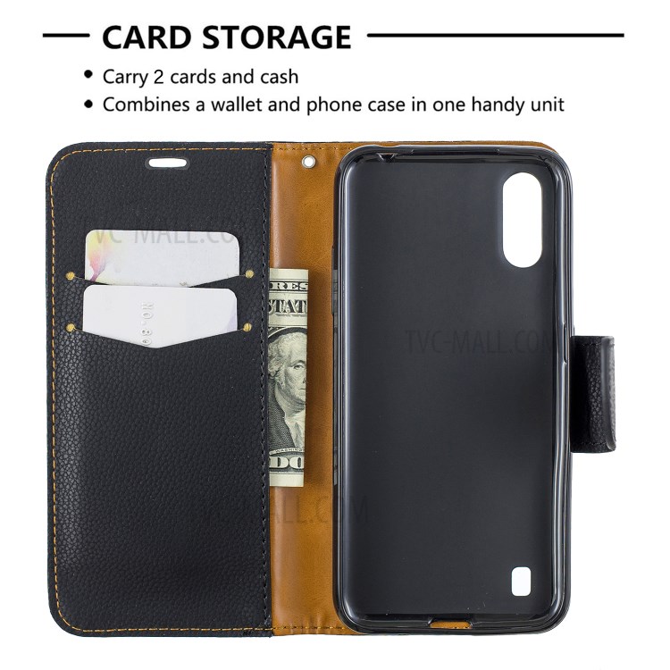 Litchi Skin Wallet Leather Stand Case for Samsung Galaxy A01 - Black-6