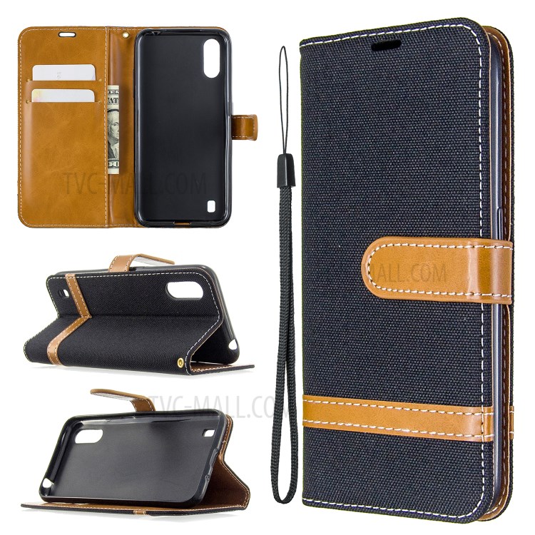 Assorted Color Jeans Cloth Leather Wallet Stand Case for Samsung Galaxy A01 - Black-1