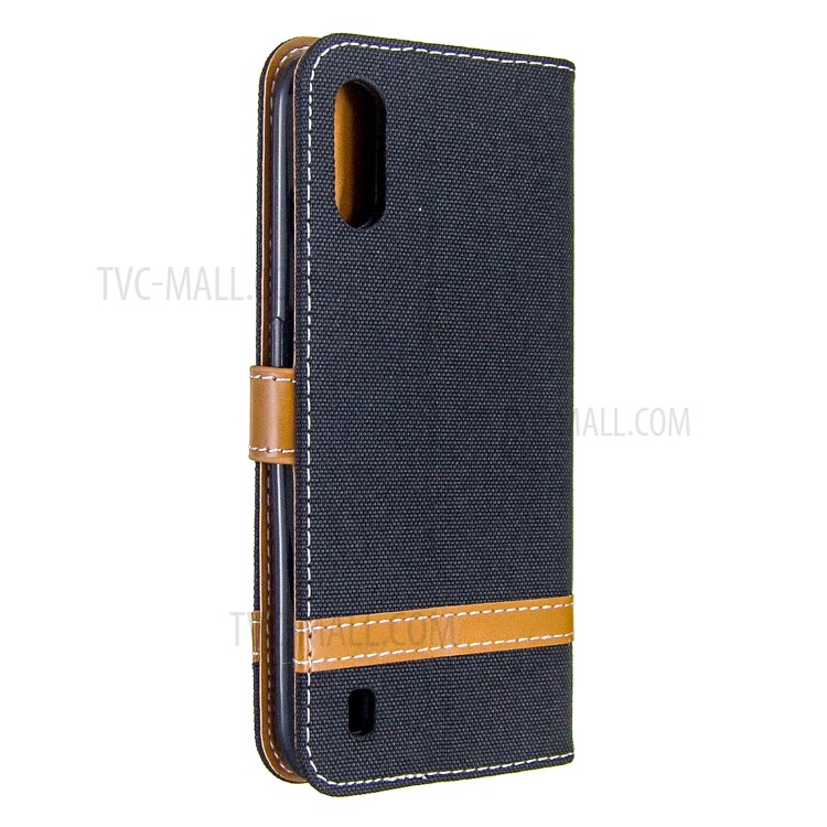 Assorted Color Jeans Cloth Leather Wallet Stand Case for Samsung Galaxy A01 - Black-3