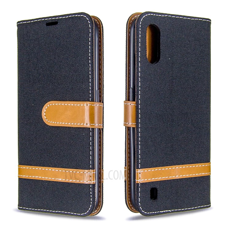 Assorted Color Jeans Cloth Leather Wallet Stand Case for Samsung Galaxy A01 - Black-4