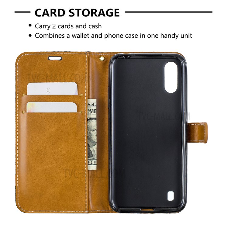 Assorted Color Jeans Cloth Leather Wallet Stand Case for Samsung Galaxy A01 - Black-6