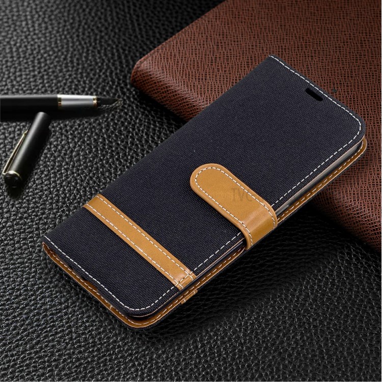 Assorted Color Jeans Cloth Leather Wallet Stand Case for Samsung Galaxy A01 - Black-7