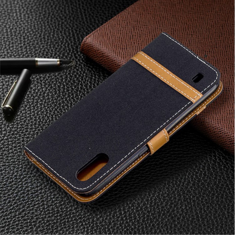 Assorted Color Jeans Cloth Leather Wallet Stand Case for Samsung Galaxy A01 - Black-8