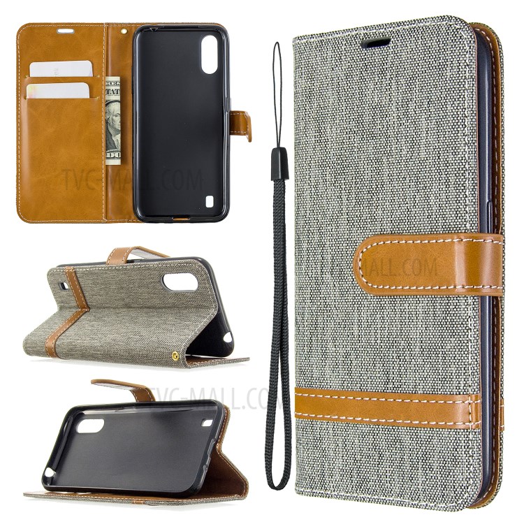 Surtidos Caso Del Soporte De La Carpeta De Cuero Tela De Los Pantalones Vaqueros De Color Para Samsung Galaxy A01 - Gris-1