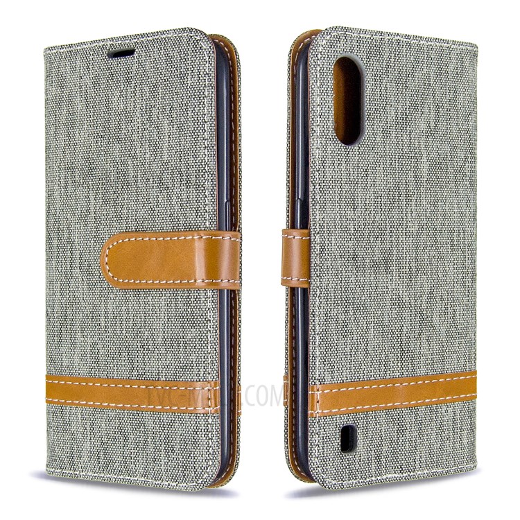 Jean de Couleur Assortie en Cuir en Cuir Casse de Support Pour Samsung Galaxy A01 - Gris-4