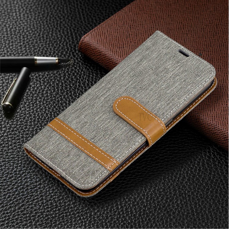 Jean de Couleur Assortie en Cuir en Cuir Casse de Support Pour Samsung Galaxy A01 - Gris-7