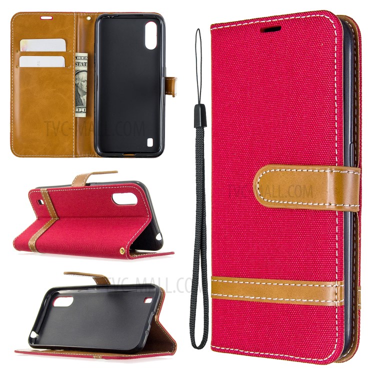Surtidos Caso Del Soporte De La Carpeta De Cuero Tela De Los Pantalones Vaqueros De Color Para Samsung Galaxy A01 - Rojo-1