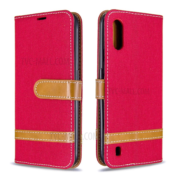 Surtidos Caso Del Soporte De La Carpeta De Cuero Tela De Los Pantalones Vaqueros De Color Para Samsung Galaxy A01 - Rojo-4