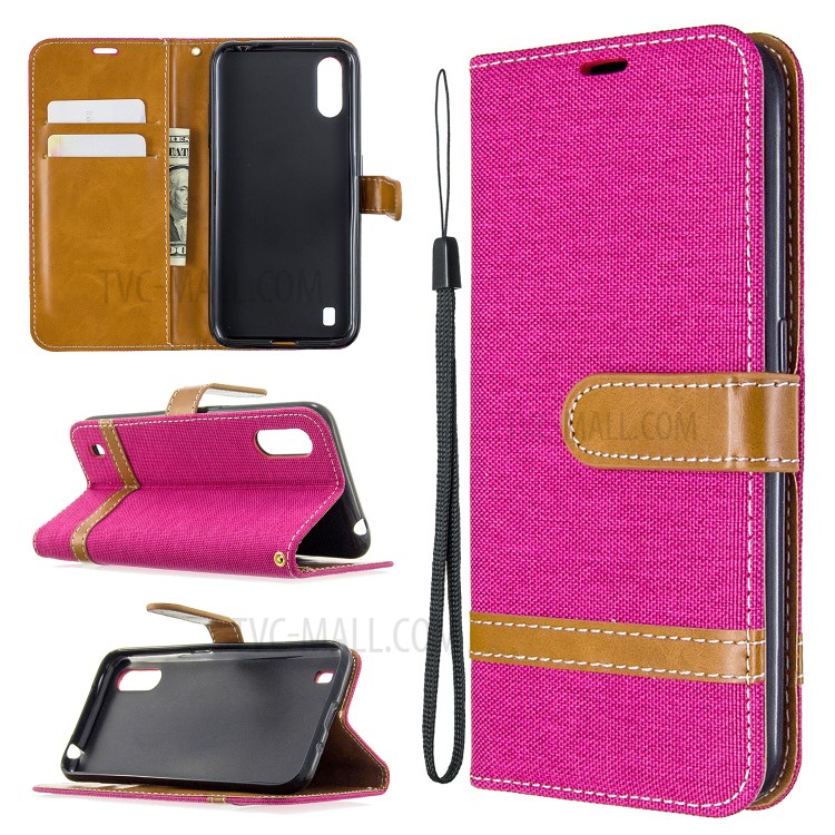 Surtidos Caso Del Soporte De La Carpeta De Cuero Tela De Los Pantalones Vaqueros De Color Para Samsung Galaxy A01 - Rosa-1