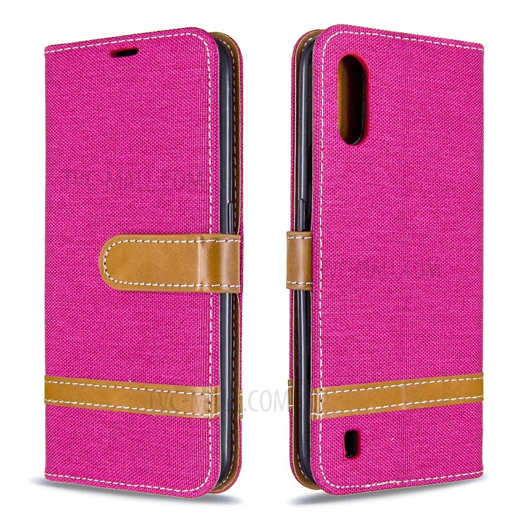 Surtidos Caso Del Soporte De La Carpeta De Cuero Tela De Los Pantalones Vaqueros De Color Para Samsung Galaxy A01 - Rosa-4