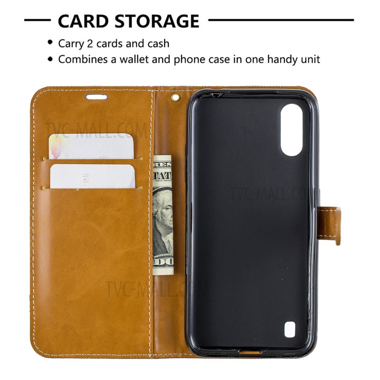 Surtidos Caso Del Soporte De La Carpeta De Cuero Tela De Los Pantalones Vaqueros De Color Para Samsung Galaxy A01 - Marrón-6