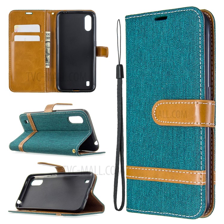 Surtidos Caso Del Soporte De La Carpeta De Cuero Tela De Los Pantalones Vaqueros De Color Para Samsung Galaxy A01 - Verde-1