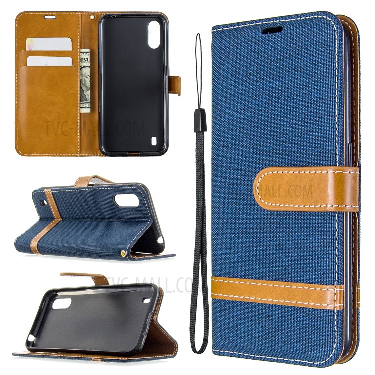 Surtidos Caso Del Soporte De La Carpeta De Cuero Tela De Los Pantalones Vaqueros De Color Para Samsung Galaxy A01 - Azul Oscuro-1