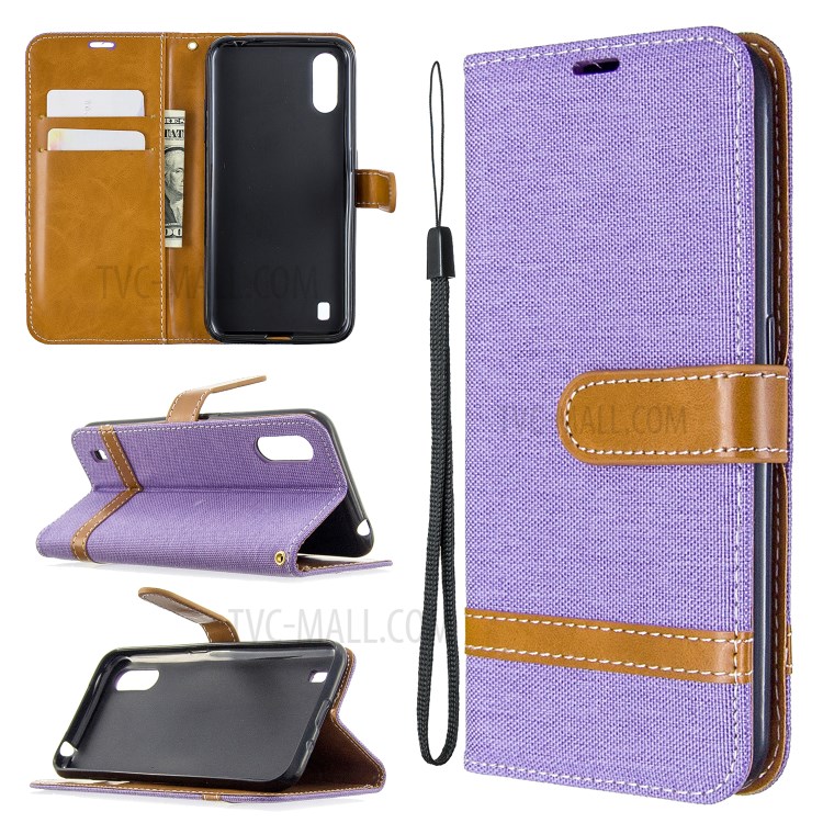 Surtidos Caso Del Soporte De La Carpeta De Cuero Tela De Los Pantalones Vaqueros De Color Para Samsung Galaxy A01 - Púrpura-1