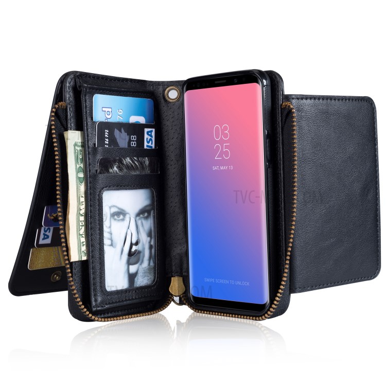 Retro Style Zipper Round PU Leather 2-in-1 Wallet Mobile Cover Case for Samsung Galaxy S9 - Black-4