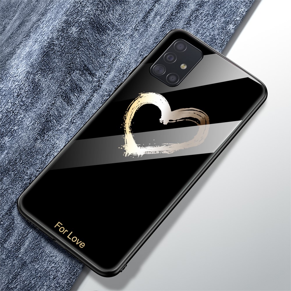 Printing Surface Glass Back + TPU Cell Phone Case for Samsung Galaxy A51 - Black/For Love-2