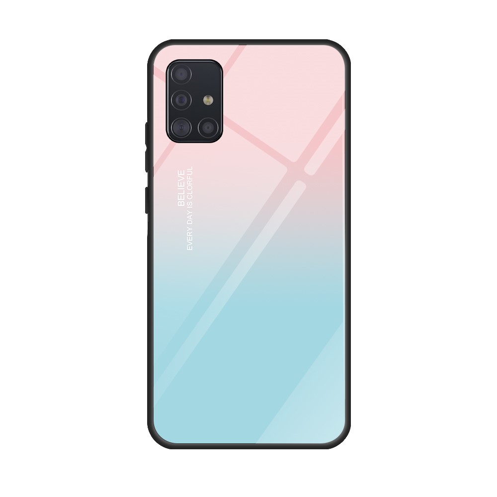 Printing Surface Glass Back + TPU Cell Phone Case for Samsung Galaxy A51 - Pink/Blue-1