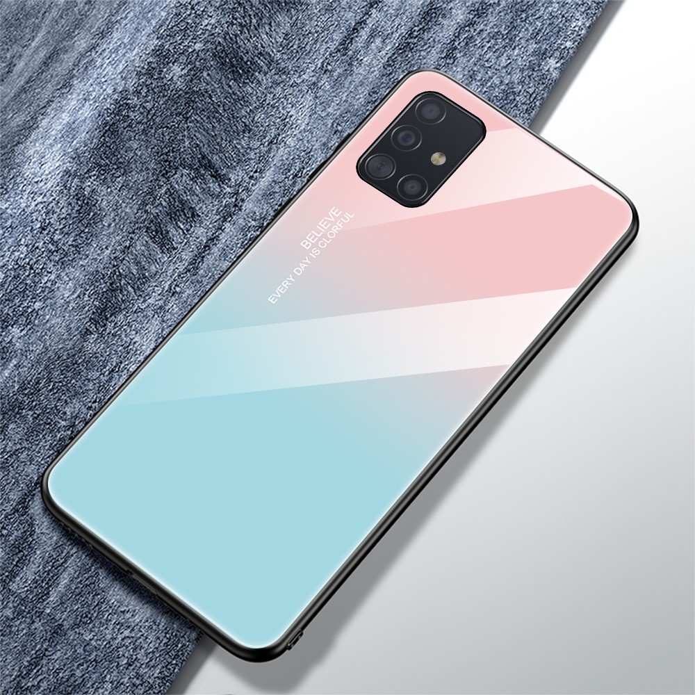 Printing Surface Glass Back + TPU Cell Phone Case for Samsung Galaxy A51 - Pink/Blue-2