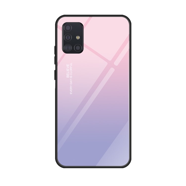Printing Surface Glass Back + TPU Cell Phone Case for Samsung Galaxy A51 - Pink/Purple-1