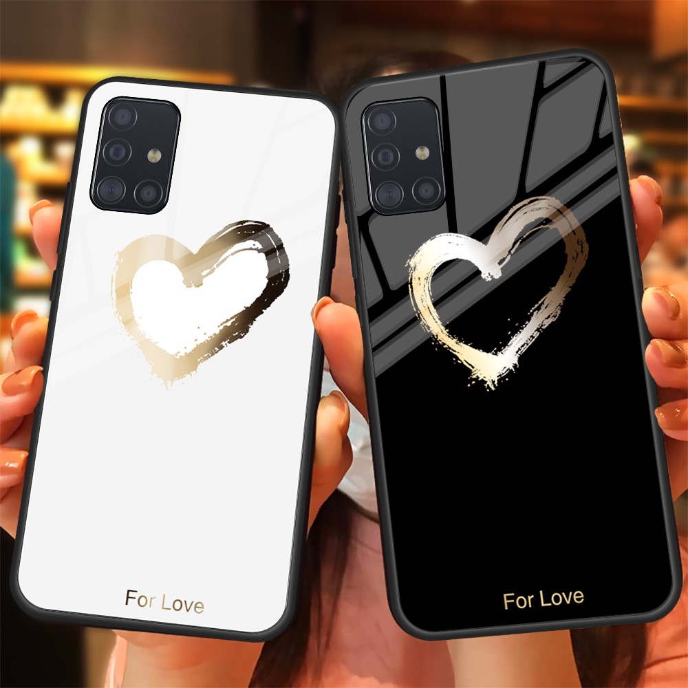 Printing Surface Glass Back + TPU Cell Phone Case for Samsung Galaxy A71 - Black/For Love-3