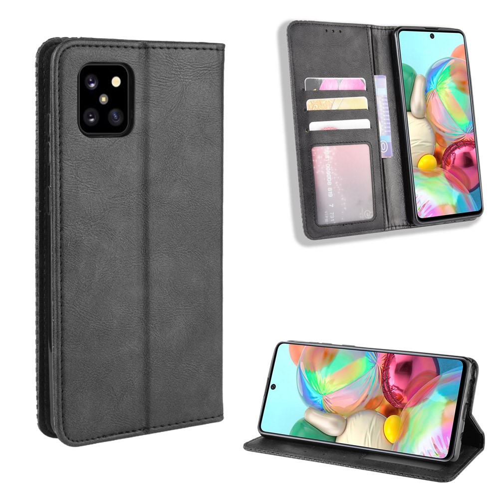 Case de Teléfono de la Billetera de Cuero de Estilo Vintage Para Samsung Galaxy A81/M60S/Note 10 Lite - Negro