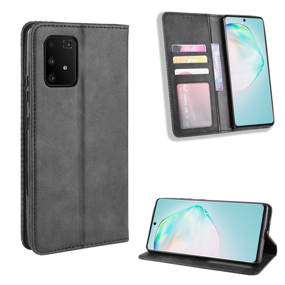 Couverture de Téléphone de Porte-support en Cuir de Style Vintage Pour Samsung Galaxy A91 / M80s / S10 Lite - le Noir