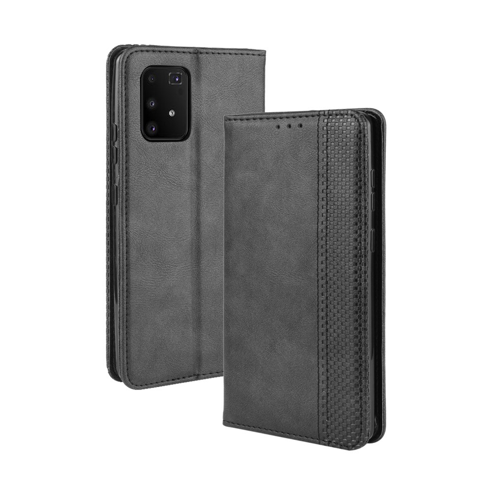 Couverture de Téléphone de Porte-support en Cuir de Style Vintage Pour Samsung Galaxy A91 / M80s / S10 Lite - le Noir