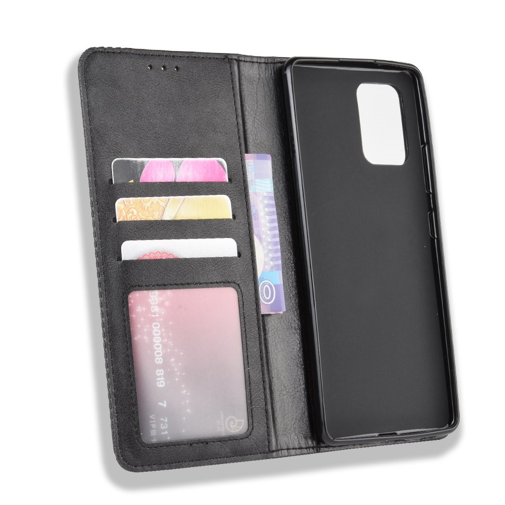 Couverture de Téléphone de Porte-support en Cuir de Style Vintage Pour Samsung Galaxy A91 / M80s / S10 Lite - le Noir