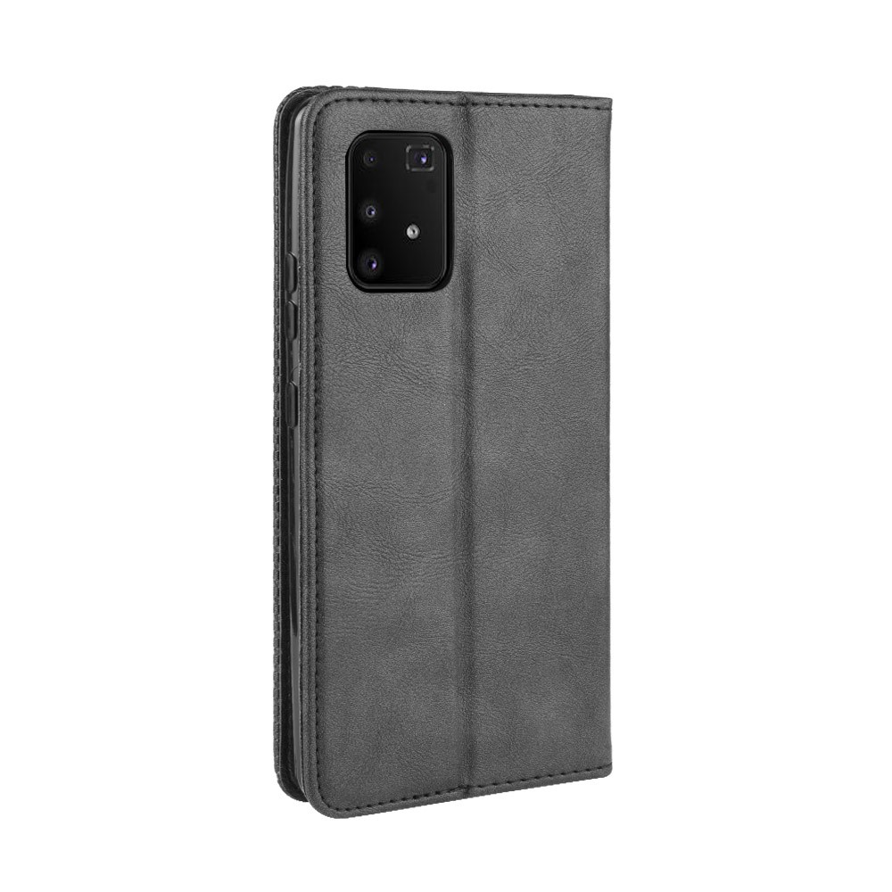 Couverture de Téléphone de Porte-support en Cuir de Style Vintage Pour Samsung Galaxy A91 / M80s / S10 Lite - le Noir