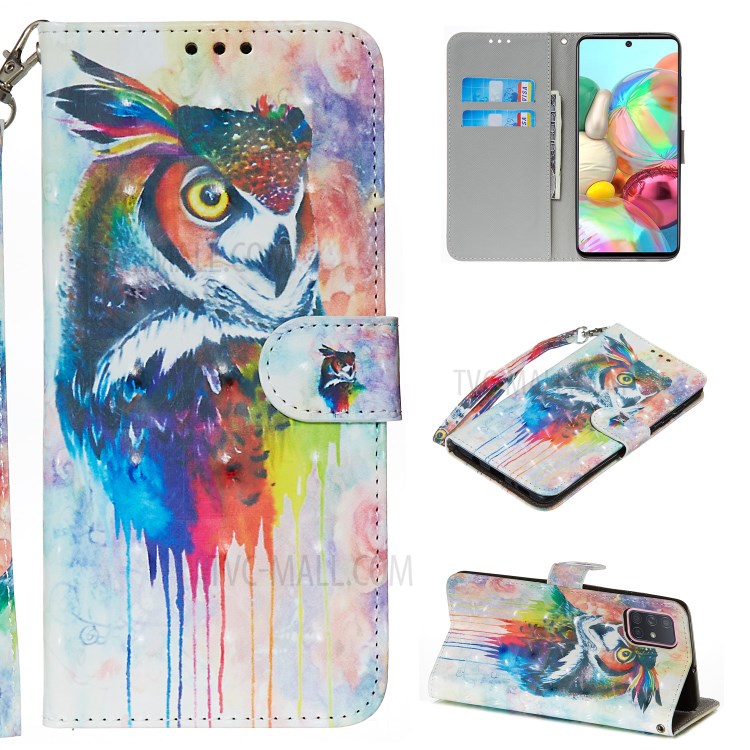 Light Spot Decor Patterned Leather Wallet Case for Samsung Galaxy A71 - Colorized Owl-1