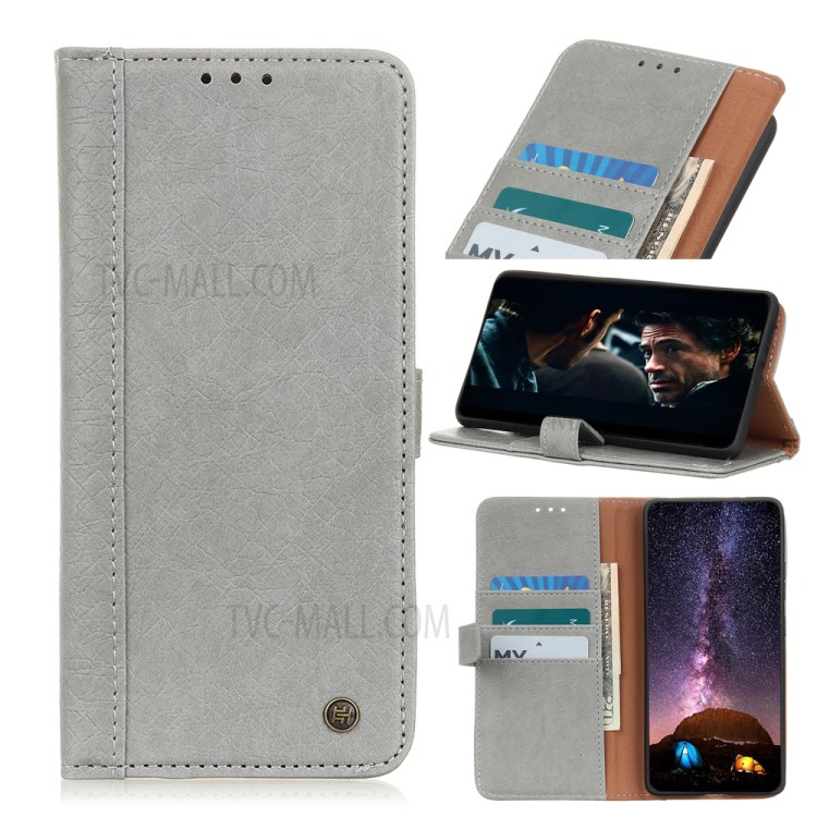 Rhino Grain Wallet Stand PU Leather Protective Phone Case for Samsung Galaxy S20 Ultra - Grey-1