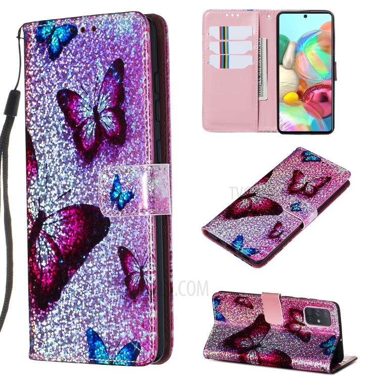 Pattern Printing Glitter Sequins Leather Wallet Stand Case for Samsung Galaxy A71 - Butterfly-1