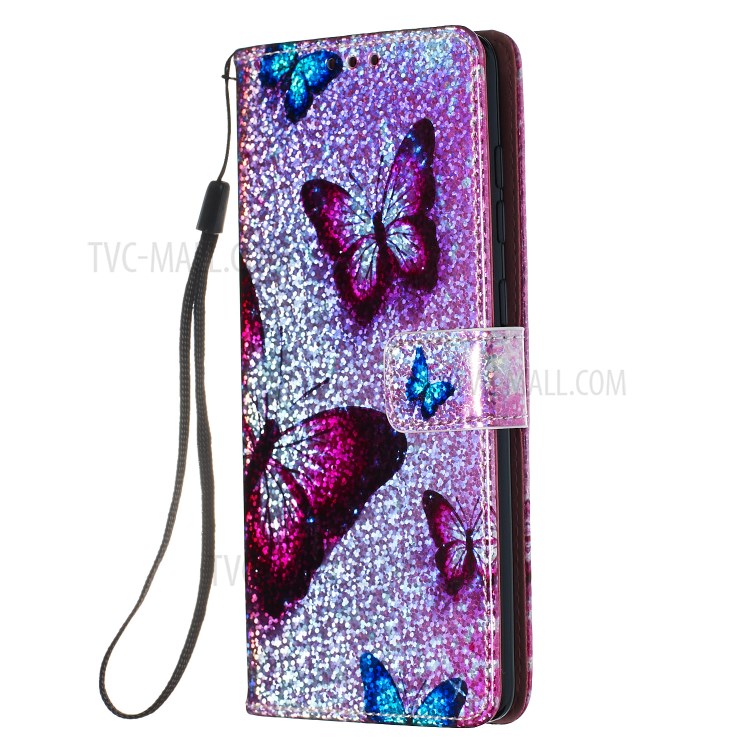 Pattern Printing Glitter Sequins Leather Wallet Stand Case for Samsung Galaxy A71 - Butterfly-2